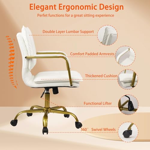 CLATINA Leather Home Office Desk Chair, Swivel Mid-Back Computer Chair with Golden Legs and Arms, Comfy Upholstered Task Chair with Wheels, White - color: White