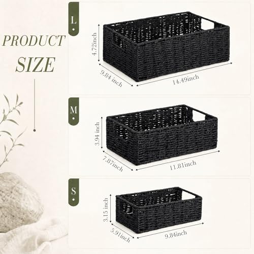 Set of 3 Wicker Storage Basket for Organizing Paper Rope Shelf Baskets Small Wicker Basket with Handles Nested Shelf Organizer Baskets for Closet and Pantry Shelves(Black) - color: Black