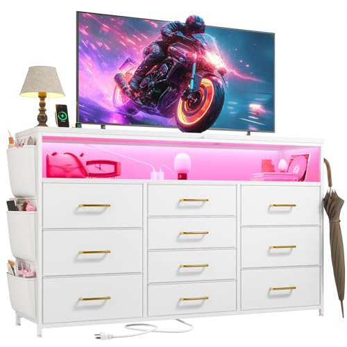 EnHomee Dresser with 10 Drawers, LED TV Stand for 55" TV with Power Outlets | Chest of Drawers with Side Pockets and Shelves, Metal Frame and Sturdy Wood for Bedroom, Hallway, White - color: White