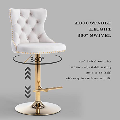 Velvet Bar Stool Set of 2, Adjustable Swivel Bar Stools with Gold Plated Metal Leg, Button Tufted, Footrest, Chrome Nailhead, Counter Height Chair for Kitchen, Bar, Dining Room (Beige) - color: Beige-gold Leg, size: Set of 2