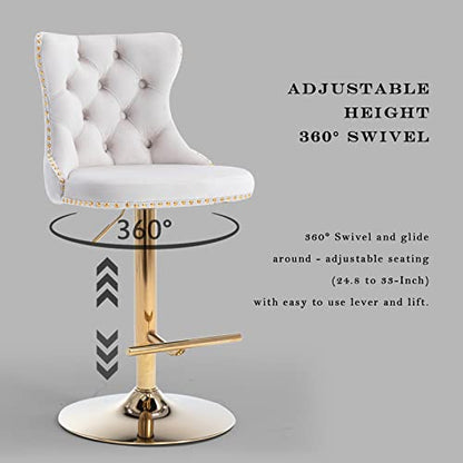 Velvet Bar Stool Set of 2, Adjustable Swivel Bar Stools with Gold Plated Metal Leg, Button Tufted, Footrest, Chrome Nailhead, Counter Height Chair for Kitchen, Bar, Dining Room (Beige) - color: Beige-gold Leg, size: Set of 2
