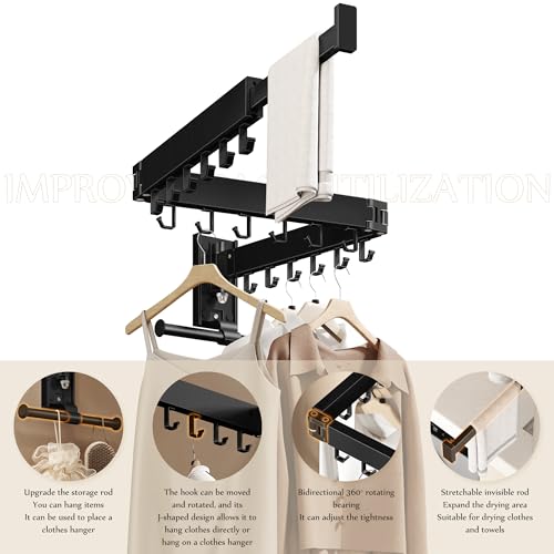Wall Mounted Collapsible Clothes Drying Rack, Space-Saving Laundry Drying Rack Clothing Hanger, Durable Foldable Design Extends Left, Right & Up for Upgraded Versatility - style: Upgrde-Black Hooks