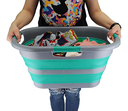 SAMMART 30L (7.9 gallon) Collapsible Plastic Laundry Basket - Foldable Pop Up Storage Container/Organizer - Portable Washing Tub - Space Saving Hamper/Basket (1, Dark Grey/Bluish-Green) - color: Dark Grey/Bluish-Green