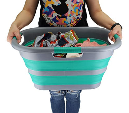 SAMMART 30L (7.9 gallon) Collapsible Plastic Laundry Basket - Foldable Pop Up Storage Container/Organizer - Portable Washing Tub - Space Saving Hamper/Basket (1, Dark Grey/Bluish-Green) - color: Dark Grey/Bluish-Green
