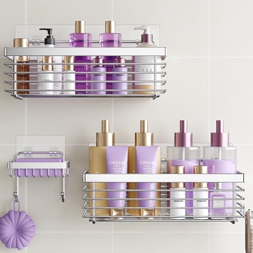 Shower Caddy Adhesive 3 Pack Stainless Steel Storage Organizers-Silver | No drilling wall mounted,rust-resistant,large capacity,quick drainage,easy to clean,suitable for bathrooms and kitchens