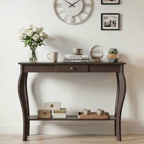 ChooChoo 47 Inch Narrow Console Table with Drawer, Chic Accent Sofa Entryway Table with Shelves for Entryway, Living Room, Hallway, Espresso - color: Espresso, size: 11.8"D x 47.2"W x 31.4"H
