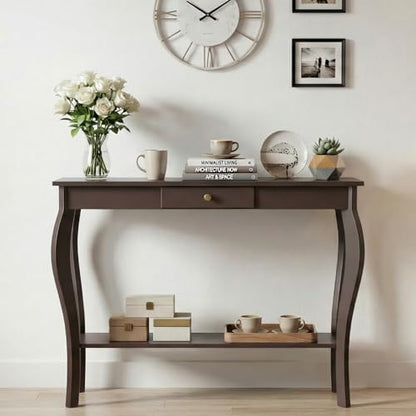 ChooChoo 47 Inch Narrow Console Table with Drawer, Chic Accent Sofa Entryway Table with Shelves for Entryway, Living Room, Hallway, Espresso - color: Espresso, size: 11.8"D x 47.2"W x 31.4"H