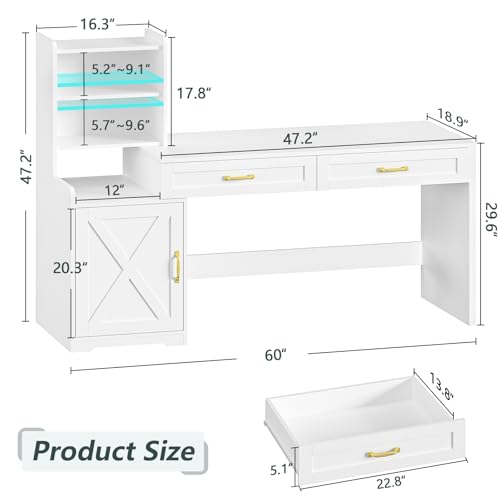 60" White Computer Desk with Drawers & Bookshelves for Bedroom, Home Office | Computer Desk with Bookcase & Drawers, Vanity Desk Writing Study Table with Storage for Bedroom, White - color: White