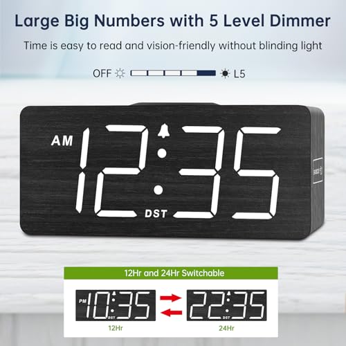 DreamSky Wooden Digital Alarm Clock with Wireless Charging for Bedroom | Bedside Nightstand Clock with Charger Station, USB Port, Large Numbers, Adjustable Volume, Brightness Dimmer, DST - color: Black