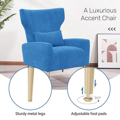 Nebuaegis Velvet Accent Chair Set of 2Wingback for Living Room, High Back Arm Chair with Golden Legs Lumbar Pillow, Upholstered Single Sofa Bedroom Blue - color: Blue, size: Set of 2