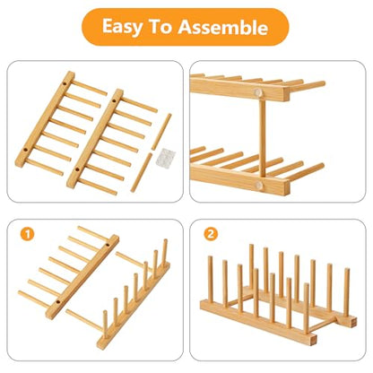 HBlife 4pcs Bamboo Dish Plate Bowl Cup Book Pot Lid Cutting Board Drying Rack Stand Drainer Storage Holder Organizer Kitchen Cabinet（Keep Dry） - color: Bamboo 6 Slots 4pcs
