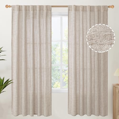 YoungsTex Natural Linen Semi Sheer Curtains 42X72 Inch Length 2 Panels | Light Filtering Drapes Textured with Rod Pocket Back Tab for Bedroom Country Farmhouse Living Room - color: Natural, size: 42"W x 72"L (Pack of 2)