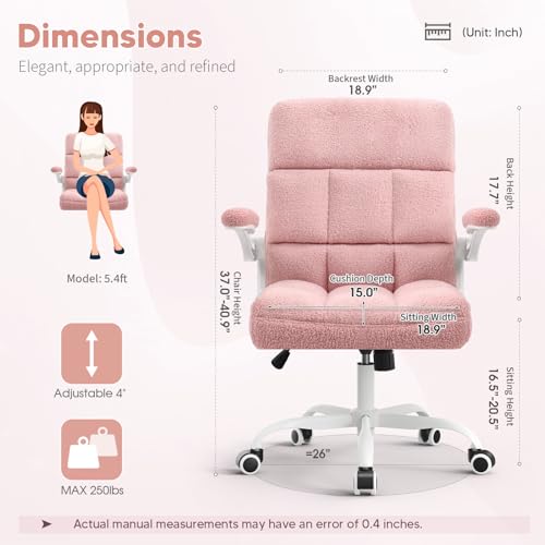 Office Chair with Wheels, Ergonomic Computer Desk Chair with Flip-up Armrest, Adjustable Rolling Swivel Chair Teddy Fleece – Dusty Pink - color: Dirty Pink