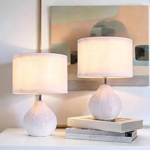 12" Ceramic Table Lamps Set of 2, Small White Bedside Nightstand Lamps with Linen Shade, Farmhouse Rustic Mid Century Modern Lamp for Bedroom Living Room Office Nursery, Cute Desk Lamp for Reading