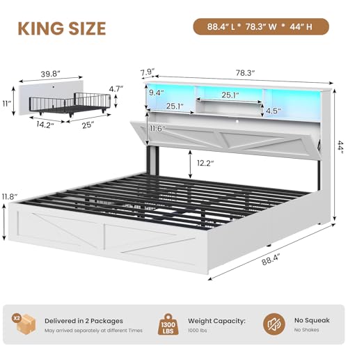 AOGLLATI Farmhouse King Bed Frame Bed Frame with 4 Storage Drawers and Led Lights, Wooden King Bed with Hidden Space Bookcase Headboard and Led Lights,White - color: White, size: King