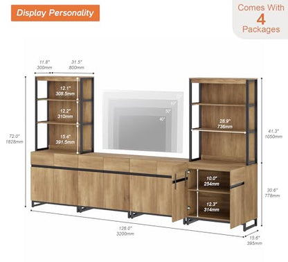 WAMPAT Modern TV Stand with 3 Tiers Bookshelf, Farmhouse Entertainment Center with 4 Large Storage Cabinets and Adjustable Shelf, Wooden Media TV Console with Black Metal Leg for Living Room, Oak - color: Oak-a