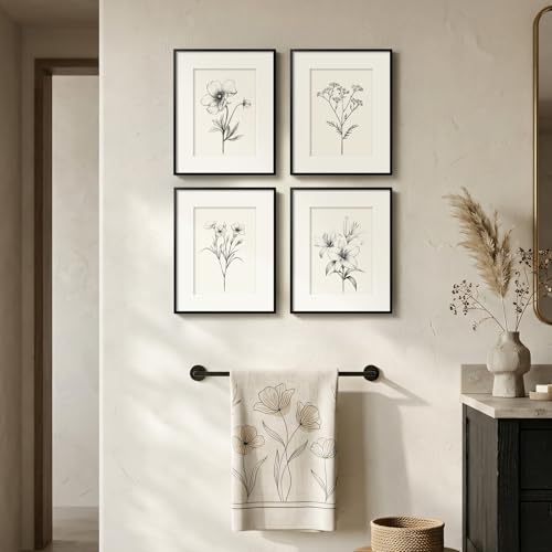 Framed Black and White Botanical Wall Art for Bathroom, 4 Piece 8x10 In | Minimalist floral wall decor, Vintage boho flower pictures, Plexiglass with mat prints, Bedroom office hallway room decor - color: Black and White, size: 8" W x 10" H x 4 pcs