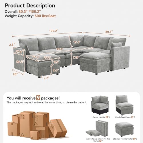 105" Light Grey Modular Storage Sofa, U Shaped Chenille Couch with Ottoman | Oversized Convertible Sectional Sofa, 6-Seat Sectional Couch With 2 Ottomans, Large Cloud Couch For Living Room, Apartment. - color: Light Grey, size: 105"U-Shape Sofa+2ot