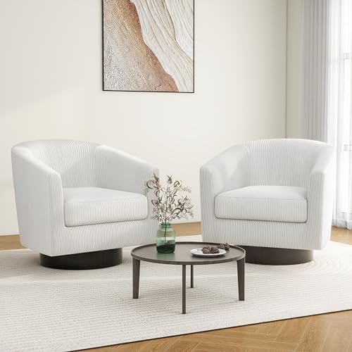 Swivel Barrel Accent Chair, Comfy Reading Armchair, Cream White, Set of 2 | Club Chairs for Adults, Low-Back Design, Modern Round Style, Solid Wood Frame & Metal Swivel Base, For Living Room & Bedroom - color: Cream White