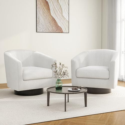 Swivel Barrel Accent Chair, Comfy Reading Armchair, Cream White, Set of 2 | Club Chairs for Adults, Low-Back Design, Modern Round Style, Solid Wood Frame & Metal Swivel Base, For Living Room & Bedroom - color: Cream White