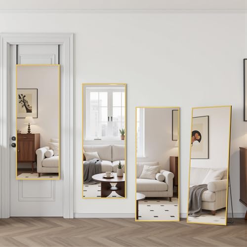 Suidia Full Length Mirror Over the Door&Wall Mounted, 48"x14" Door Mirror with Aluminum Alloy Frame, HD Shatterproof, No-Drill, Hanging Mirrors for Bedroom, Bathroom, Dorm, Closet, Rect, Gold - color: Gold, size: 48"L x 14"W, style: Rect
