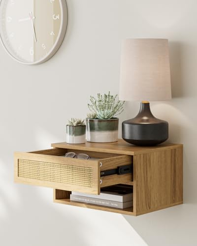 Modern Floating Nightstand with Drawer, Wall Mount Shelves, Oak Rattan | Small Space Saver, Modern Minimalist Design, Wall Mounted Shelves, for Bedroom, Bathroom, Living room, Easy Assembly, Rattan - color: Oak Rattan