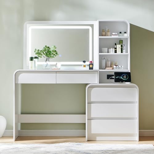 Aitjunz Vanity Desk with Mirror and Lights, 50” Modren Makeup Vanity with 35.43" Mirror and 5 Drawers, Makeup Table with Charging Station for Women and Girls, Bedroom (White) - color: White
