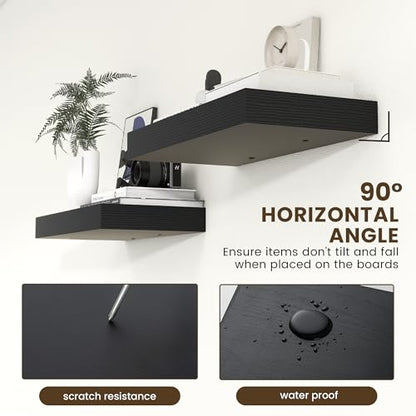 Deep Floating Shelves, 24'' x 12'' Black Shelves for Wall Set of 2 | Invisible Brackets, Engineered Wood, Mounting Hardware Included, 40LBS, Bathroom, Laundry Room, Kitchen, Living Room - color: Black, size: 24W x 11.6D x 2H, 2 Pack
