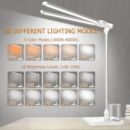 LED Desk Lamp for Home Office Desk Light Table Lamp 50 Lighting Modes Timer | Eye-Caring Desk Lamp with USB Adapter, Foldable Dual Swing Arm Architect for Reading, Study, Workbench - color: Silver