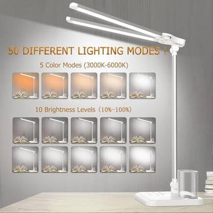 LED Desk Lamp for Home Office Desk Light Table Lamp 50 Lighting Modes Timer | Eye-Caring Desk Lamp with USB Adapter, Foldable Dual Swing Arm Architect for Reading, Study, Workbench - color: Silver