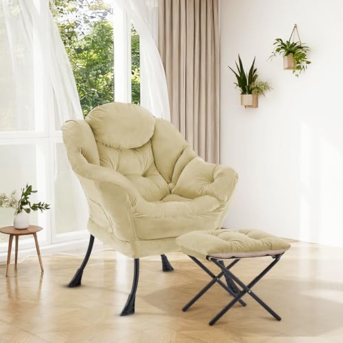 Lazy Chair with Ottoman Comfy Accent Lounge Chair with Side Pocket Cozy Chair Modern Reading Armchair with Footrest Upholstered Sofa Chair for Small Spaces Living Room Dorm Bedroom Khaki - color: Khaki