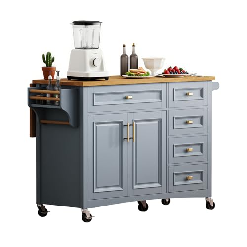 52" Kitchen Island with Storage, Wheels & Drop Leaf, Adjustable Shelf | Oak Top, White Retro Kitchen Cart on Casters, 2 Cabinets, 5 Drawers, Spice Rack, Towel Bar, Durable, Easy Assembly - color: Dusty Blue