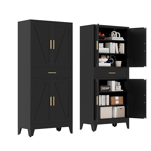 Washsemba 71 "Farmhouse Metal Filing Cabinet with a Drawer and 4 Adjustable Shelves, with 4 Large barn Door Black Kitchen Cabinets, Metal Food Cabinets for Home, Kitchen, Dining/Living Room (Black) - color: Black, size: 71" - Filing Cabinet - 1 Drawer 4 D