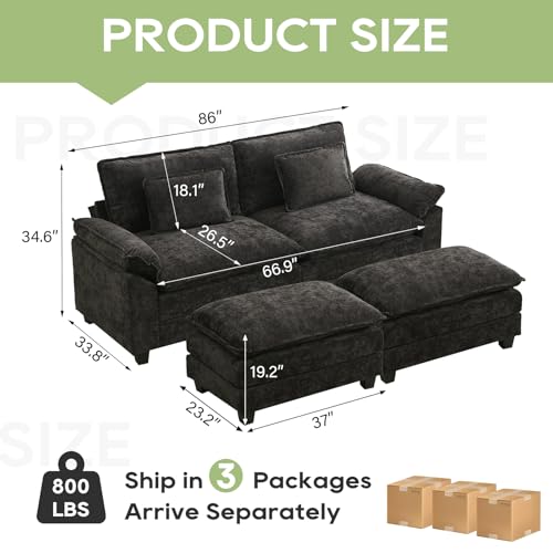 86" Modular Sectional Sofa, Comfy Deep Cloud Couch with Ottoman | Couches for Living Room, Sofa Bed, Modular Couch, Deep and Wide Seat, Chenille Sofa Sleeper with Throw Pillows, Black - color: Black, size: 86 Inch 4