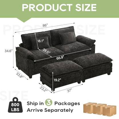 86" Modular Sectional Sofa, Comfy Deep Cloud Couch with Ottoman | Couches for Living Room, Sofa Bed, Modular Couch, Deep and Wide Seat, Chenille Sofa Sleeper with Throw Pillows, Black - color: Black, size: 86 Inch 4