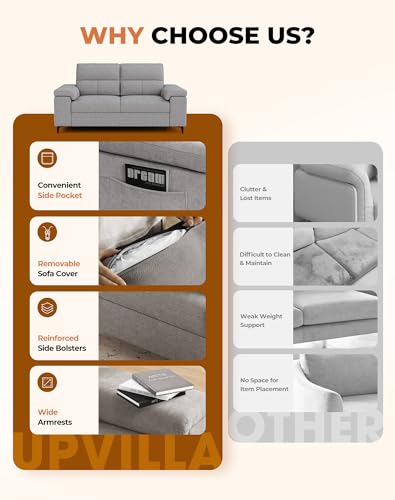Upvilla 71.25" Modern Couches Deep Seat Sofa for Living Room(Light Gray) | 8” Cushion, Comfy 2-Seater Chenille Loveseat with Convertible Armrest, Removable Sofa Cover, High Leg - color: Light Gray, size: 71.25" Couch
