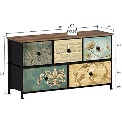 Dresser with Drawers for Bedroom Chest of Drawers Fabric Dresser for Closet,Nursery Entryway Hall Tree TV Stand for Living Room Retro Floral Pattern Drawers Wooden Top (5 Drawers) - size: 11.8"D x 39"W x 21.5"H (5 Drawers)