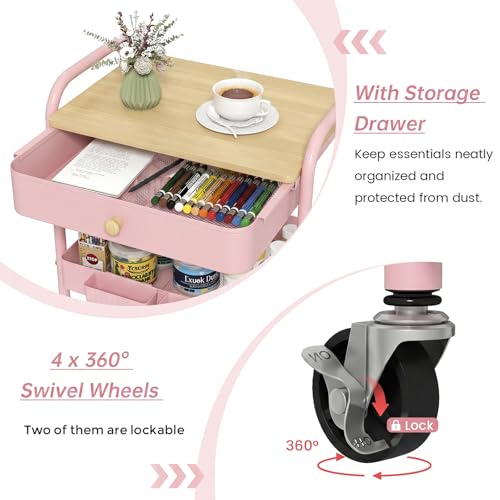 Rolling Cart with Drawers, Storage Cartwith Locked Wheels, Hooks & Hanging Cups for Any Room, Pink - color: Pink