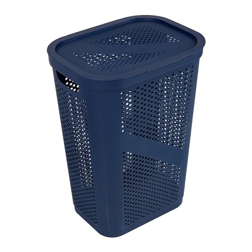 Mind Reader Slim Laundry Hamper with Lid, 60L Clothes Basket, Ventilated Plastic, Navy - color: Navy, size: Single
