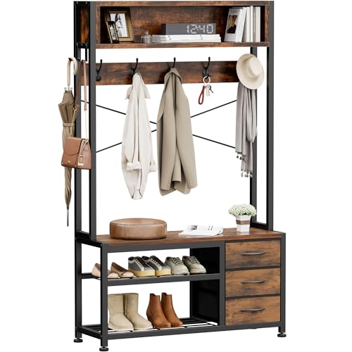 Hall Tree with Bench and 3 Drawers Storage, 31.5" Coat Rack Freestanding | Rustic Brown, 6-in-1, Top Cubby, 12 Coat Hooks, Adjustable Shoe Rack, Sturdy Metal Frame, Entryway Organizer - color: Rustic Brown, size: 31.5"W