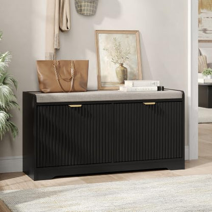 Maupvit 39.4" Fluted Shoe Bench with Storage, Narrow Entryway Bench, Black | with Removable Seat Cushion & 2 Flip-Drawers, Shoe Cabinet Bench, Boho Hidden Shoe Rack for Entrance, Hallway, Living Room - color: Black