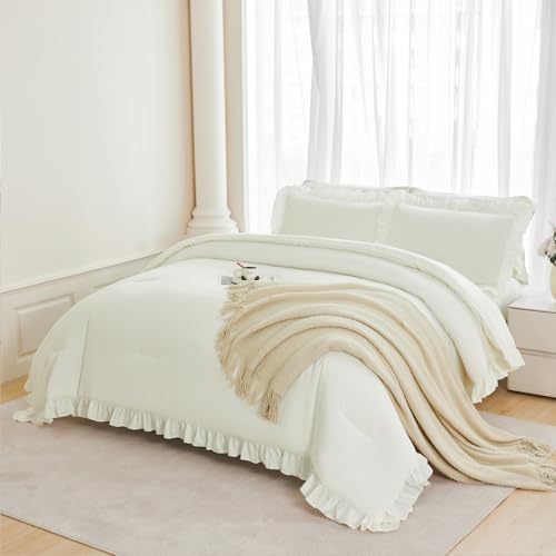 ANGIYUIN 5Pcs Full Szie Comforter Set Ivory Ruffle Bed in A Bag with Sheets Beige Farmhouse Aesthetic Bedding Comforter Set Soft Fluffy Bed Sets for Kids Teens(Ivory Full) - color: Ivory, size: Full(5Pcs)
