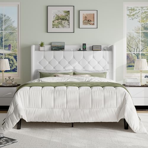 SHA CERLIN Queen Size Platform Bed Frame with Charging Station, Velvet Wingback Headboard with Storage Shelf, Wooden Slats Support, Ample Under-Bed Space, No Box Spring Needed, Easy Assembly, White - color: White, size: Queen
