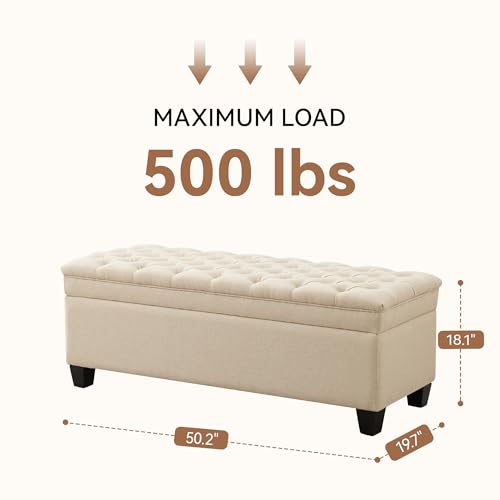 50" Storage Ottoman Bench, Rectangular End of Storage Bench, Upholstered Large Fabric Tufted Ottoman with Storage for Living Room, Bedroom, Entryway,Khaki - color: Khaki