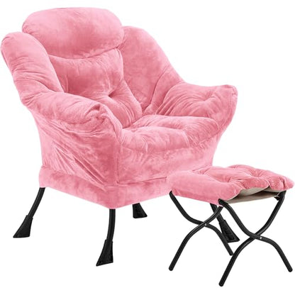 Youtanic Lazy Chair with Folding Ottoman, Accent Chair Plush Upholstered with Metal Structure and Non-Slip Pads, Sofa Armchair with Footrest and Side Storage Bag for Dorm, Room, Office, Pink - color: Plush Pink-f