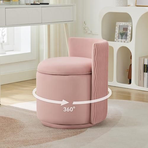 WUTUTUEE Velvet Vanity Chair with Storage, 360° Swivel Makeup Chair with Wave Back, No Assembly Small Accent Stool for Bedroom, Dressing, Living Room, Pink - color: Pink, size: Regular