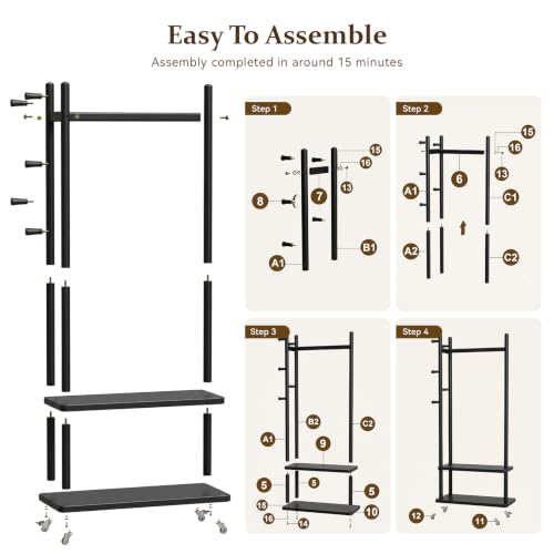 Coat Rack Solid Wood Stand Storage 2 Shelves 4 Hooks Black | Entryway hallway bedroom living room, durable wood construction, freestanding design, coats hats bags garments - size: Black - L:24.8''D×13''W×71''H (With Wheels)