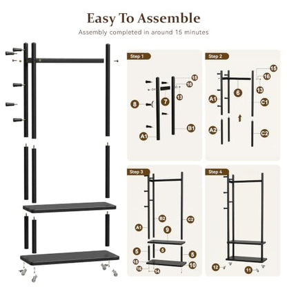 Coat Rack Solid Wood Stand Storage 2 Shelves 4 Hooks Black | Entryway hallway bedroom living room, durable wood construction, freestanding design, coats hats bags garments - size: Black - L:24.8''D×13''W×71''H (With Wheels)