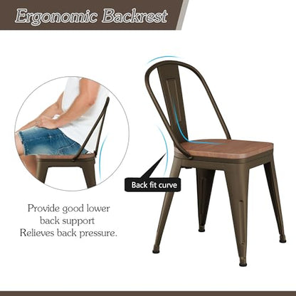 Alunaune 18inch Metal Dining Chair Set of 4 High Back Classic Chic Iron Farmhouse Chairs Industrial Stackable Coffee Stools Bistro Cafe Side Barstools Wood Seat-Rusty - color: Rusty