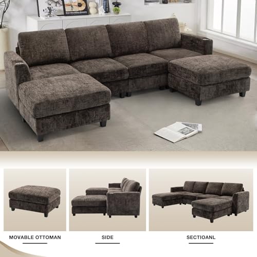 110" Convertible U-Shape Couch with 2 Flexible Ottomans, Brown | Soft Sectional Sofa w/2 Built-in Cup Holders, Chenille 4 Seats Sofa with Well-Filled Back Cushions for Living Room, House - color: Brown, size: 110" U-Shape